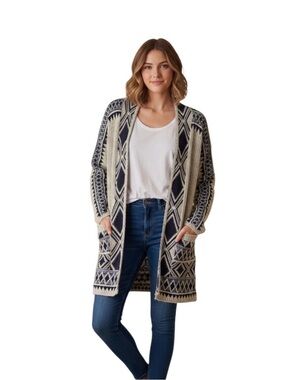 Lucky Brand Diamond Aztec Tribal Open Front Cardigan Sz M